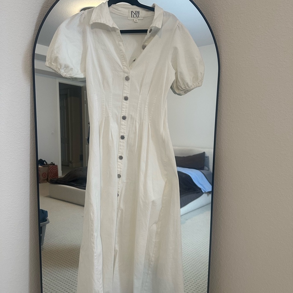White Button-Front Puff Sleeve Midi Dress